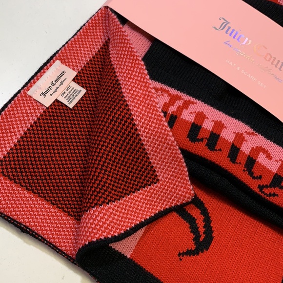 New Juicy Couture Scarf & Hat set, red, pink & black - Picture 4 of 8